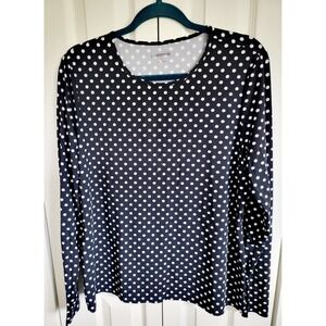 Lands End L Women's Black White Polka Dot‎ Long Sleeved Top Stretch NEW